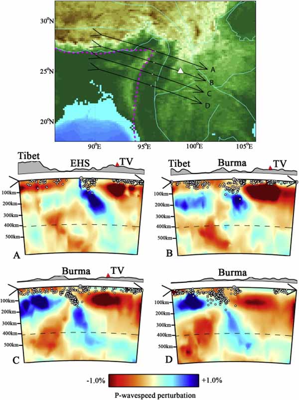 Vertical cross sections of whole-mantle P-wave tomography under the Tengchong volcano (b,c).